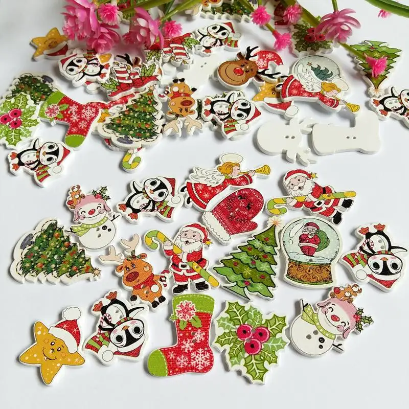 50 stks/pak Mix Kerst Decoratieve Houten Knoppen 2 Gaten Handgemaakte Scrapbooking Voor