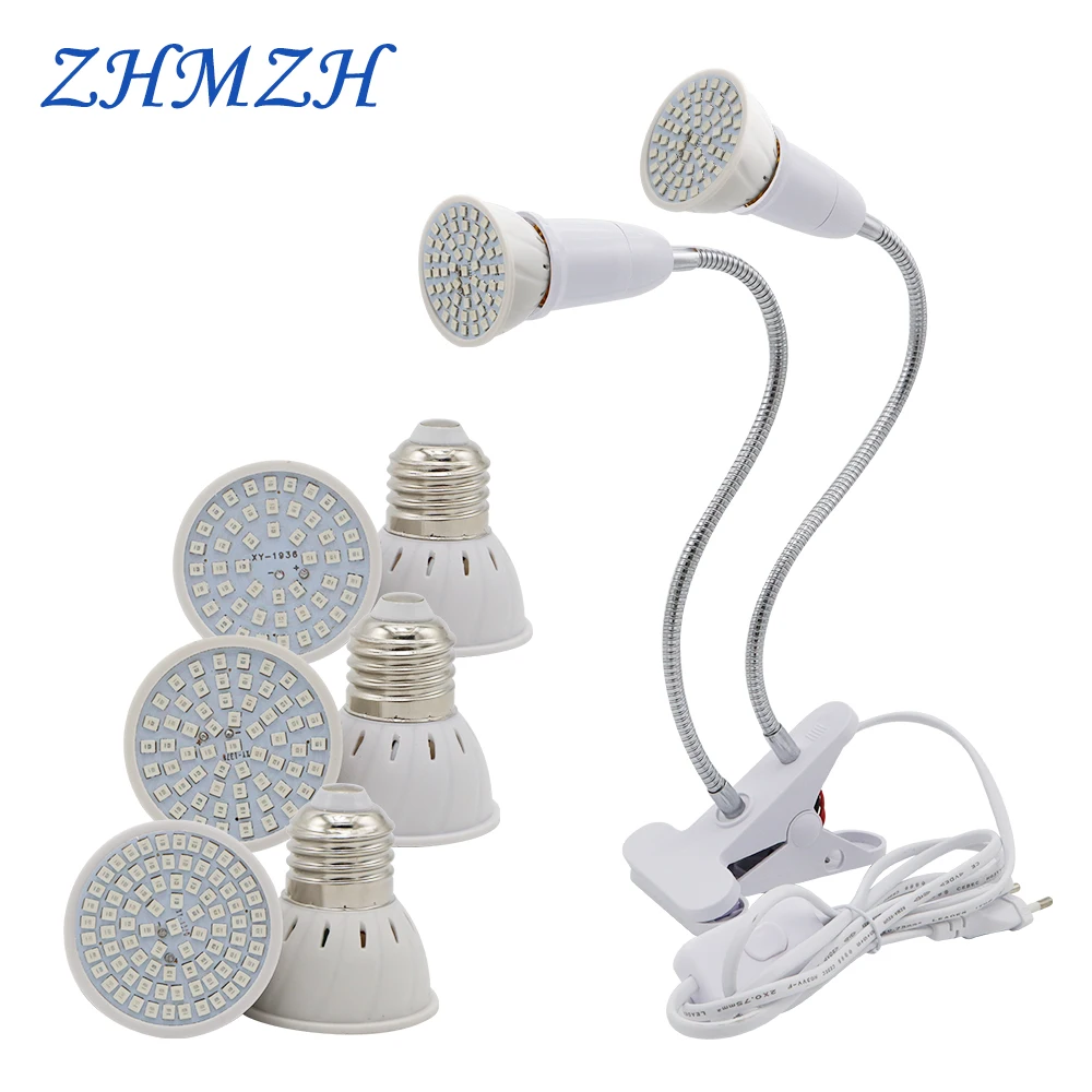 E27 LED Pflanzenwachstumslampe 110 V 220 V Flexible Zwei-Kopf-Clip-Wachstumslampe 60 80 LEDs Basis Hydrokultur-Wachstumslichter 