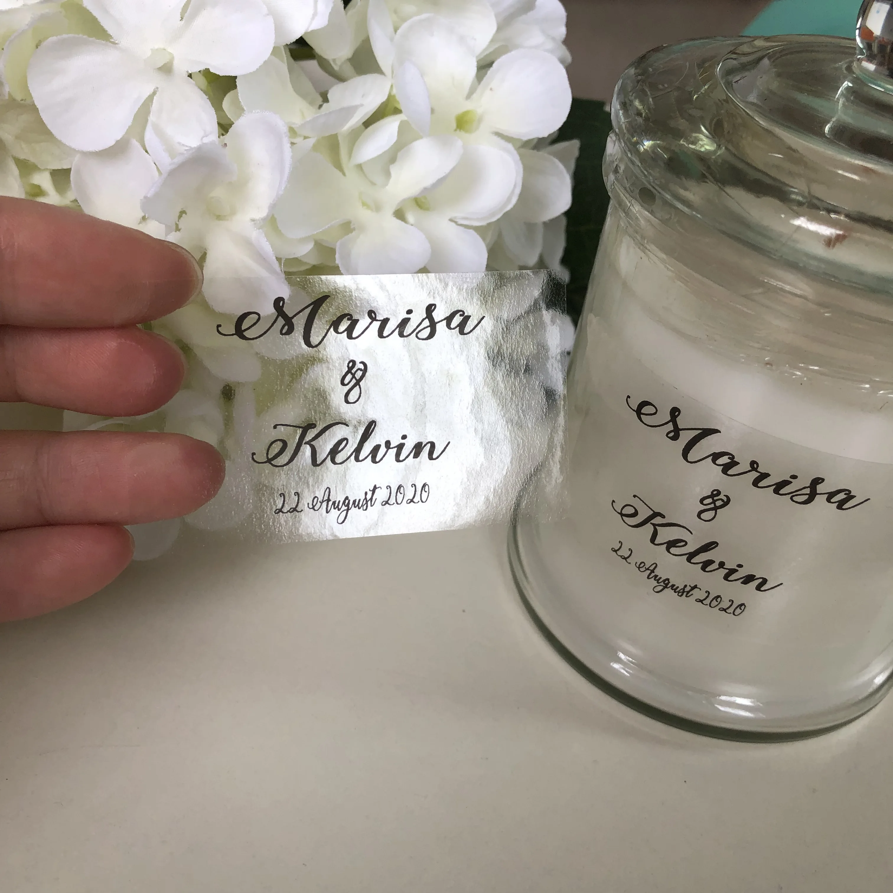 Personalisierte name folie Kerze glas Transparent aufkleber custom label hochzeit taufe kommunion