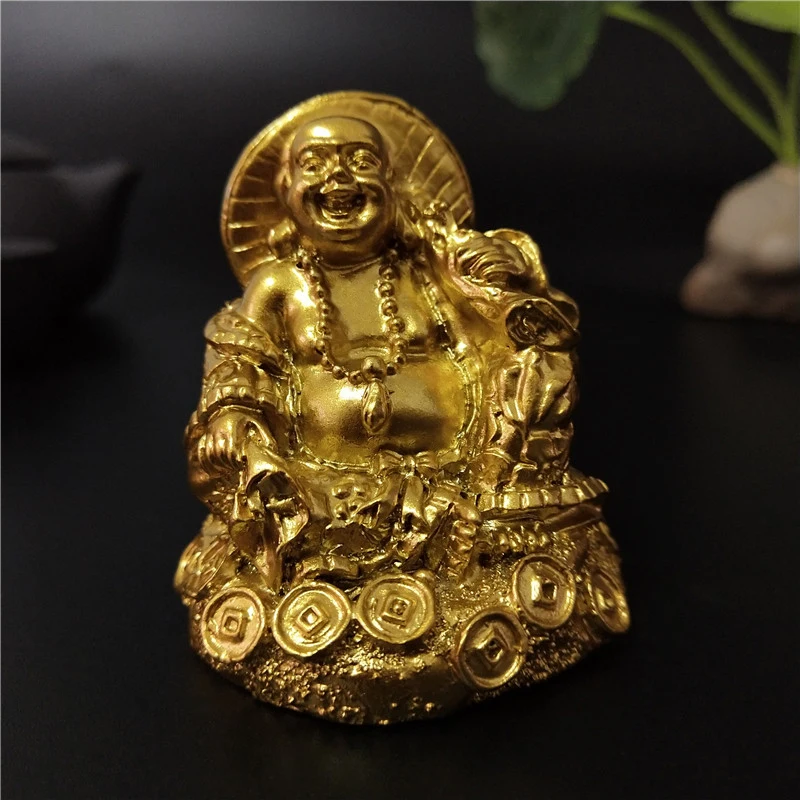 Goldenen Chinesischen Laughing Buddha Statue Ornamente Feng Shui Geld Maitreya Buddha Skulptur
