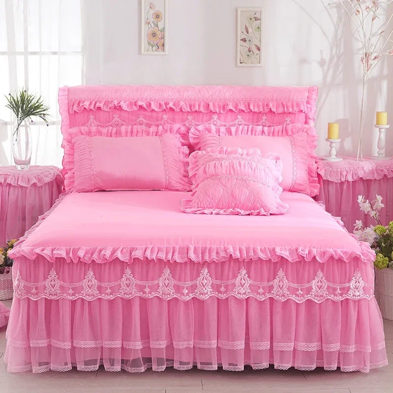 3-teiliges Bettwäsche-Set, Prinzessin, Spitze, Bettröcke, Tagesdecken, Queen-Size-Bett, niedliches