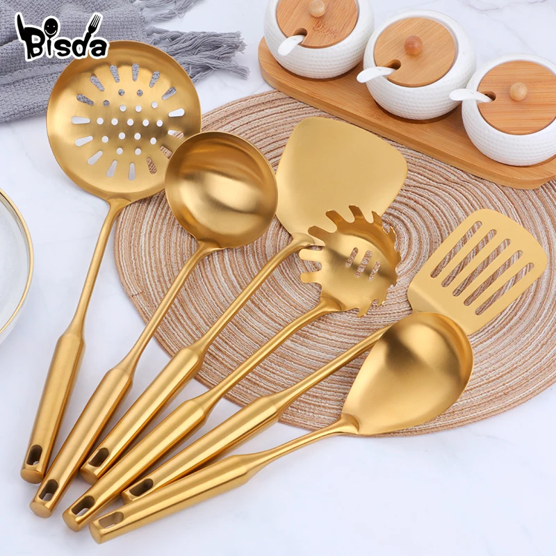 1-10Pcs Rvs Cookwarlong Handvat Set Goud Kookgerei Lepel Turner Pollepel Koken Gereedschap