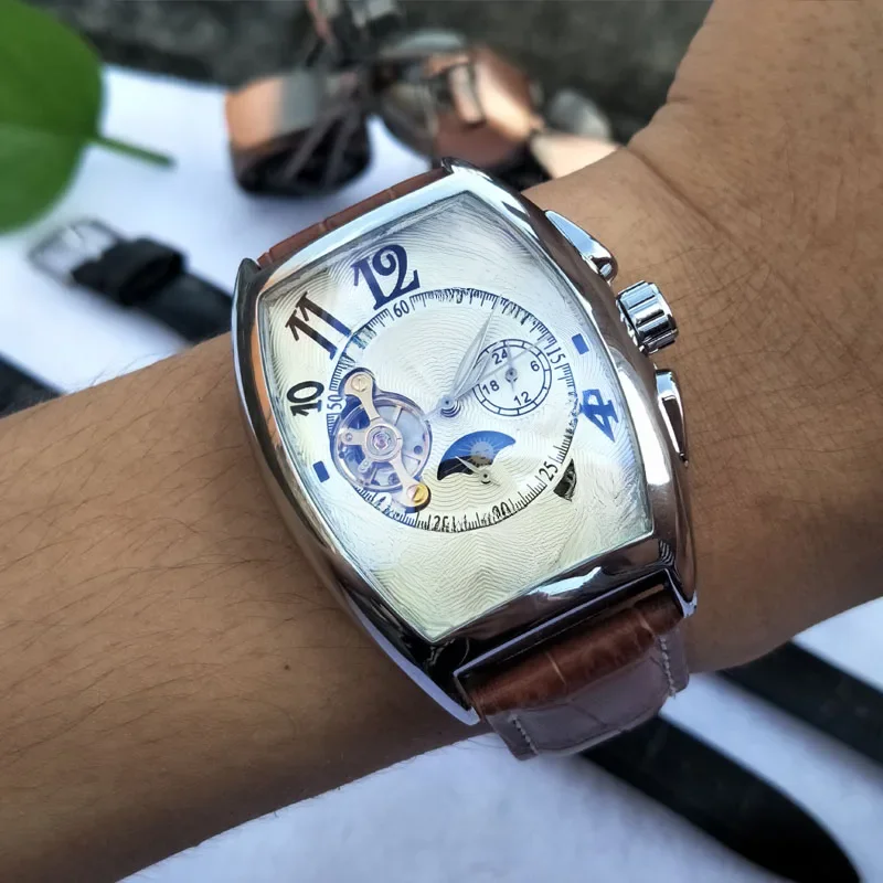Luxo tonneau relógios para homens, mecânico automático, impermeável, lua fase, moda