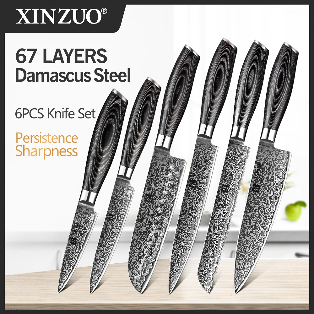 Xinzuo 6pcs Küchenmesser setzt kohlenstoff reichen japanischen Stil vg10 Damaskus Stahl Chef Santoku