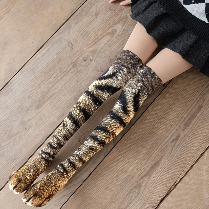 Neue Kreative Tier Fuß Gedruckt Frauen Über das Knie Socken Cartoon Katze Tiger Klaue Damen 3D