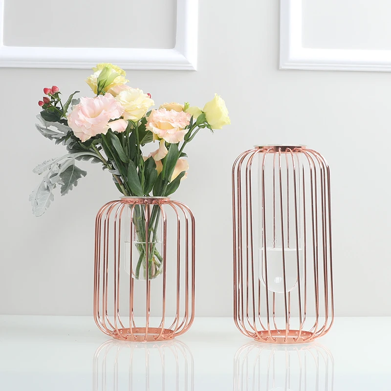 Glas Blume Vase Eisen Metall Kunst Vase Rose Gold Blumentopf Hause Dekoration Hochzeit Dekoration