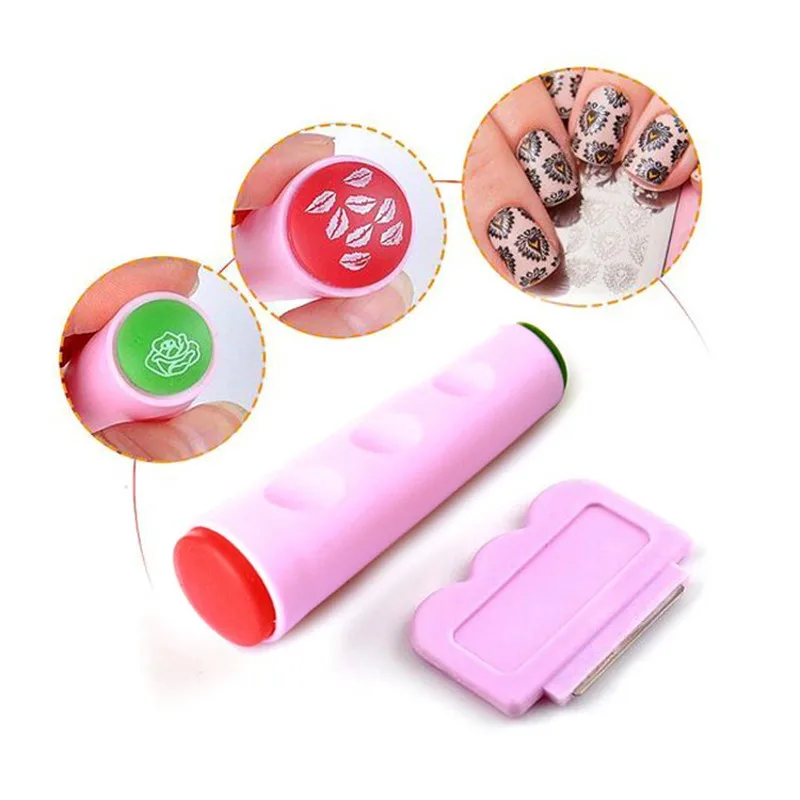 1 set professionele nail art stempelen tweekoppige stempel stamper schraper set roze nagel stamper