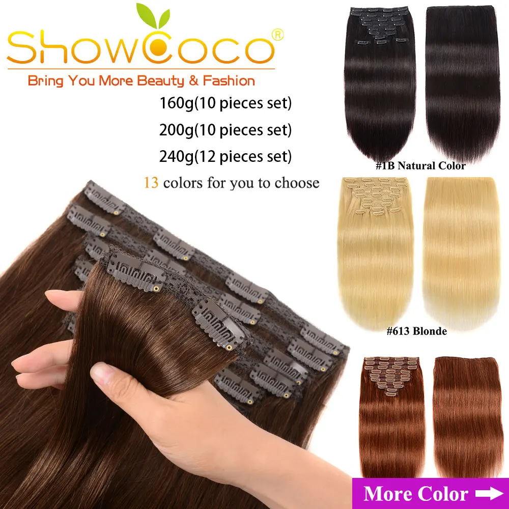 ShowCoco Clip-in-Haarverlängerungen, Echthaar-Clip, 200 g, 10 Stück/Set, 100 % Remy, seidig, glatt, 2022, natürliches Clip-on-Ha