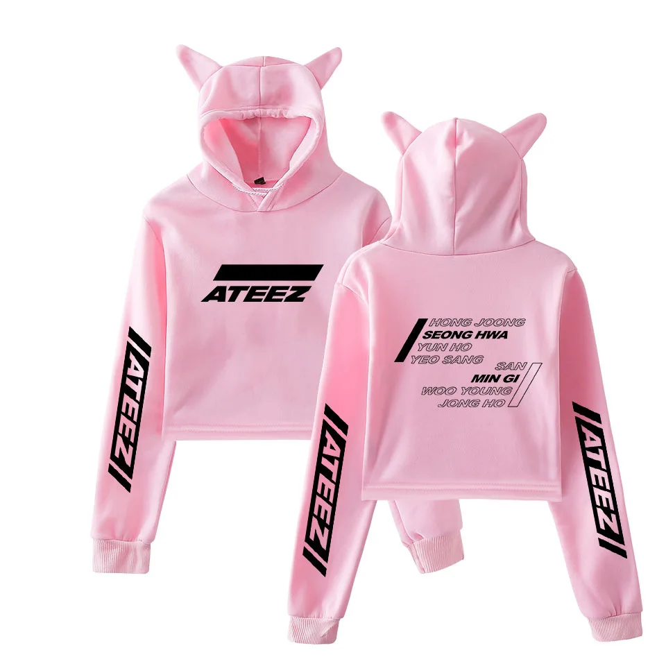 Korean Fashion KPOP ATEEZ Kawaii Crop Top Hoodie Lustige Katze Ohr Cropped Kurze Sweatshirt Mit