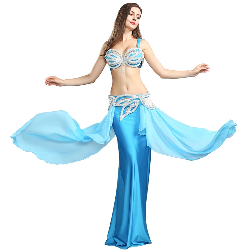 Frauen strass blau bauch tanzen outfit leistung tanzen BH gürtel rock bauchtanz kostüme