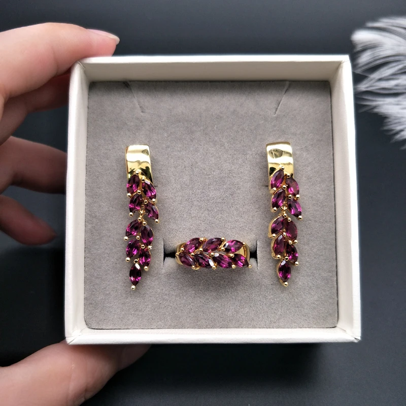 Natürlicher Edelstein-Rhodolit-Set, Schmuck, Ring und Ohrringe aus 925er Sterlingsilber, schlichter Stil für Mädchen und Frauen,