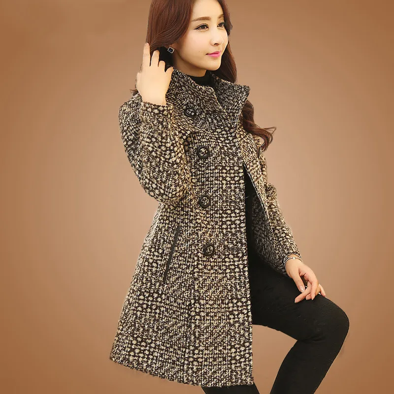 Neu Frauen Wollmischungen Mantel Herbst Winter 2025 Mode Elegant Plaid Mutter Jacke Warm andicken Rollkragen Schlank Lang Tweed-