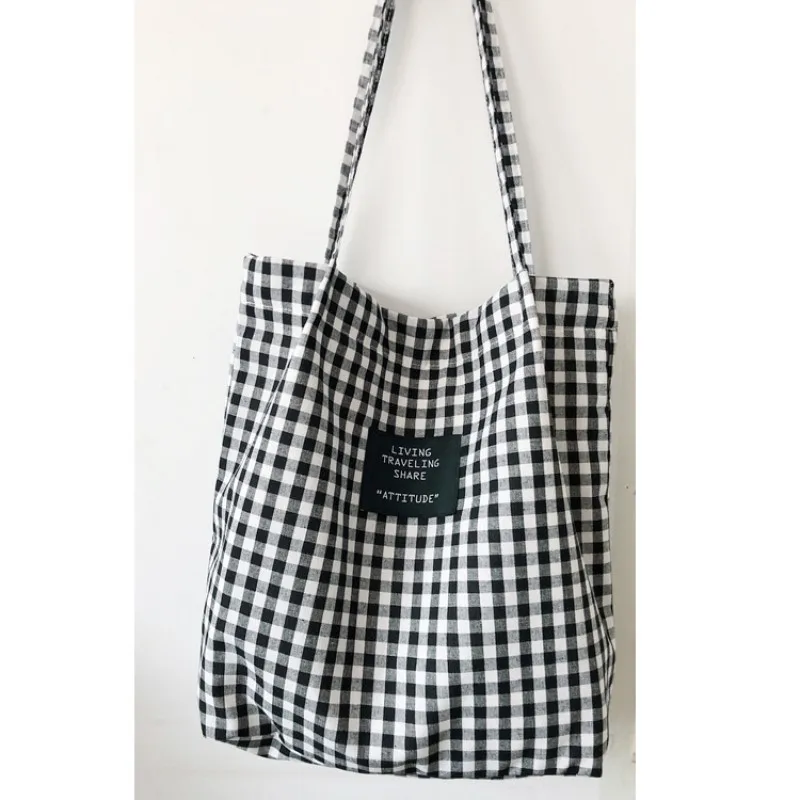 Mode Durable Frauen Student Baumwolle Leinen Einzigen Schulter Tasche Shopping Tote Überprüfen Plaid