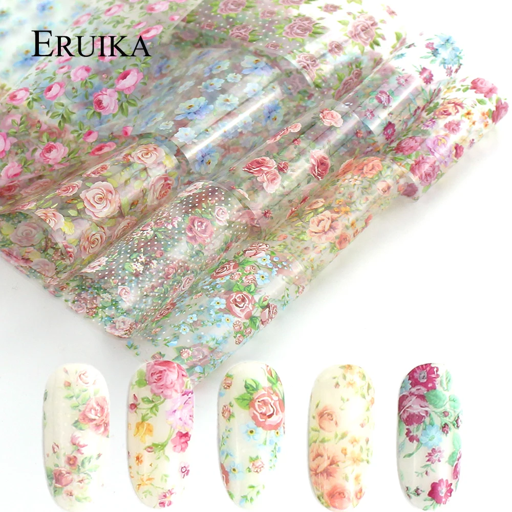 10pcs Rose Flowers Designs Transfer Foil Nail Foil for Manicure Sliders Nail Stickers Adhesive Nail