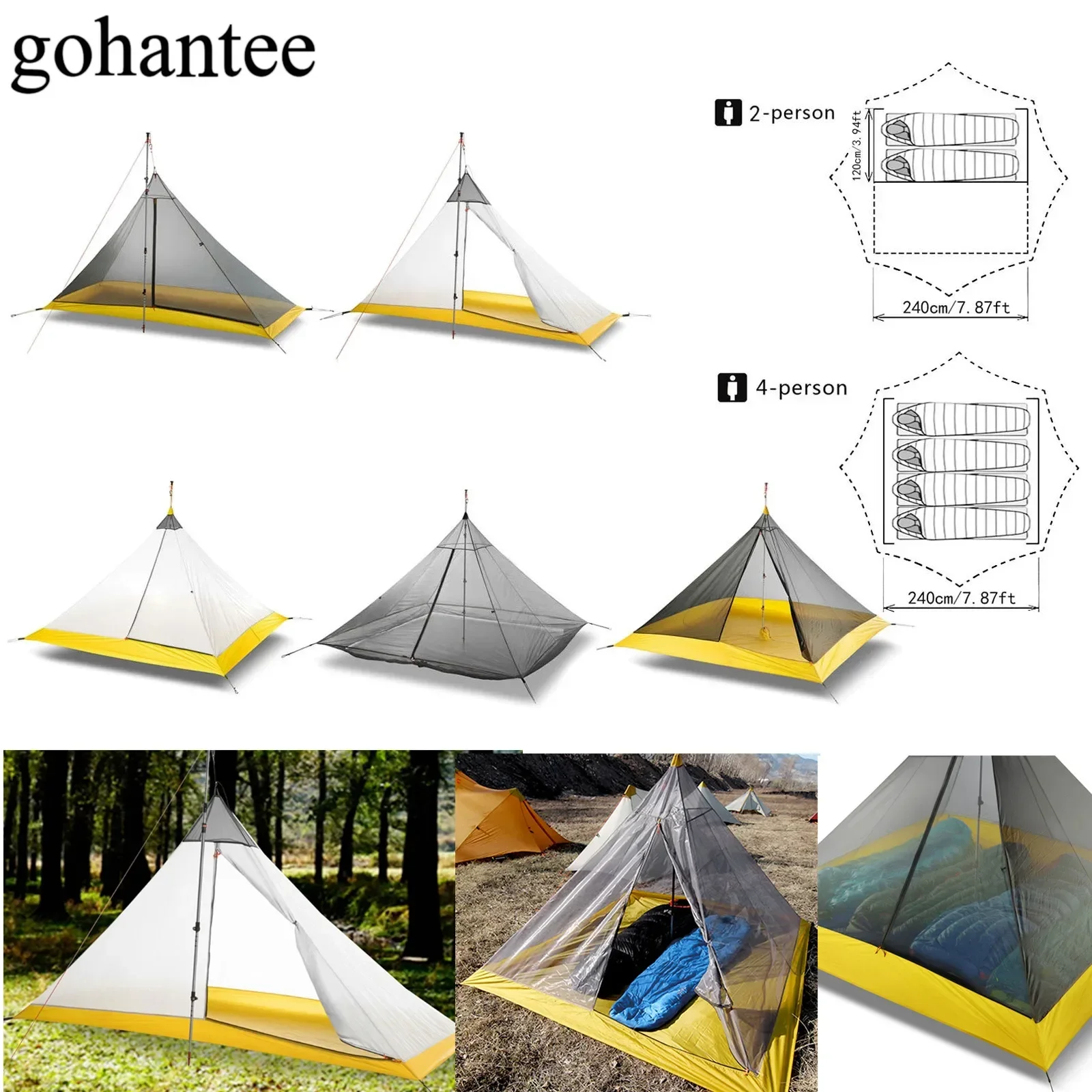 Ultraleichtes Campingzelt für 2–4 Personen, Outdoor, 40D-Nylon, silikonbeschichtet, stangenlose