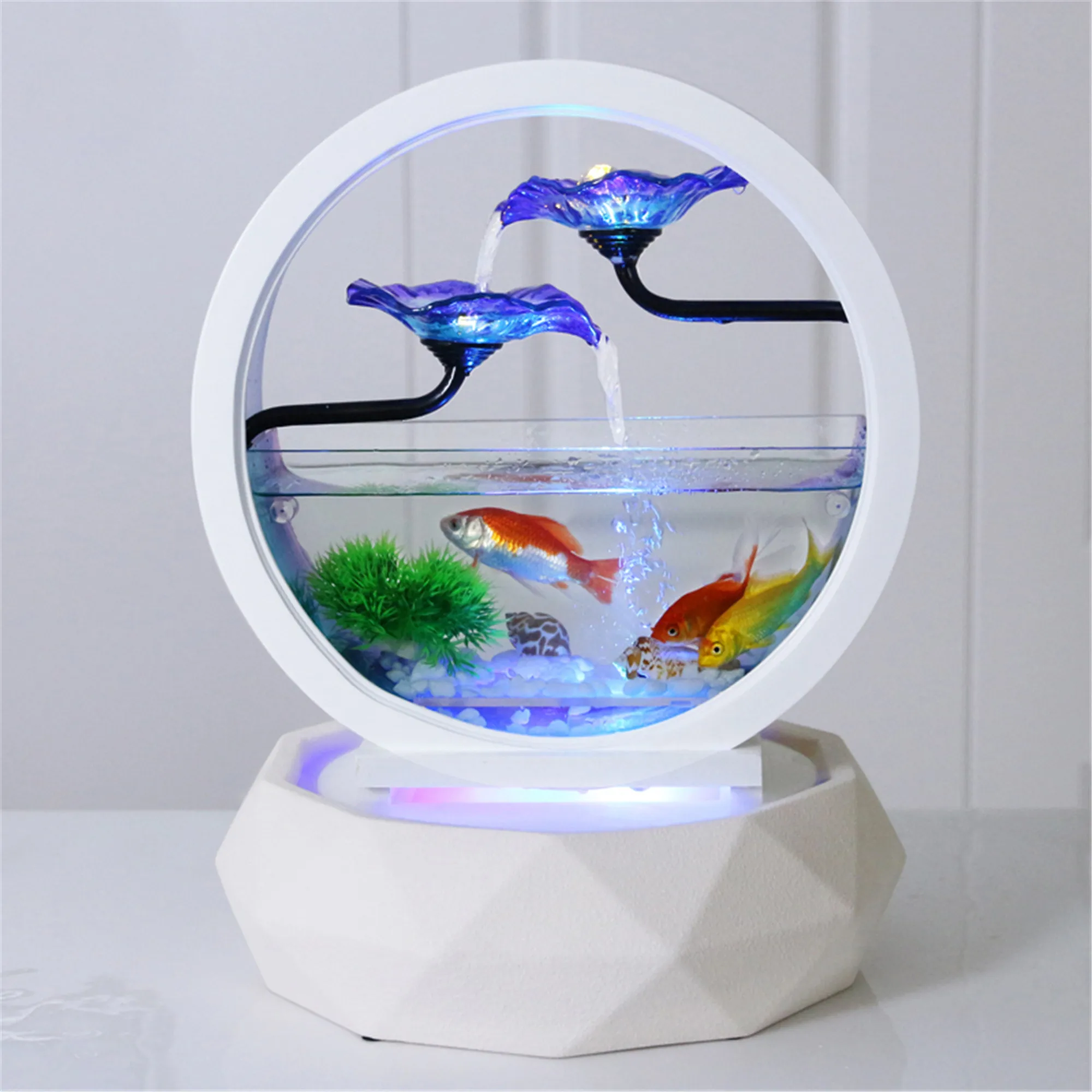 Desktop Wasser Brunnen Kleine Fische Tank Kreativität Tisch Top Runde Weiß Glas Aquarium Büro Indoor
