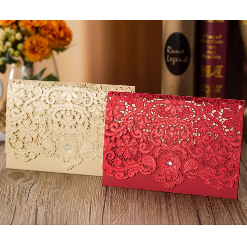 1 stücke Probe Gold Rot Laser Cut Diamant Hochzeit Einladungen Karte Elegante grußkarten Favor