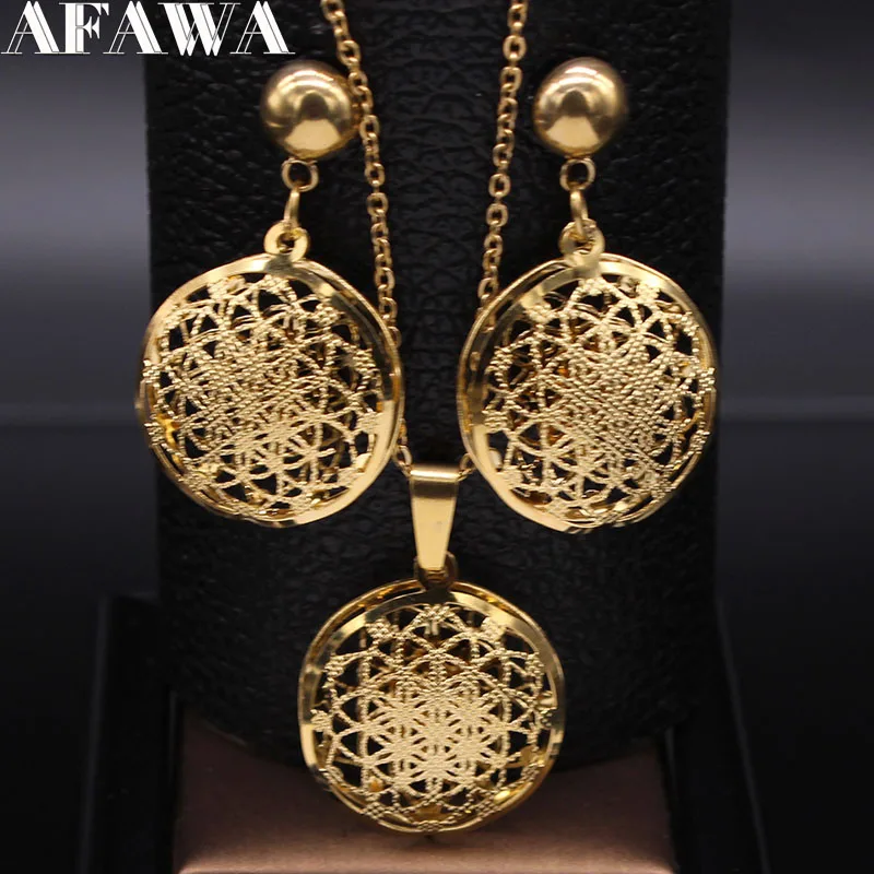 Bloem van het leven roestvrijstalen sieradenset vrouwen holle gouden kleur ketting oorbellen set