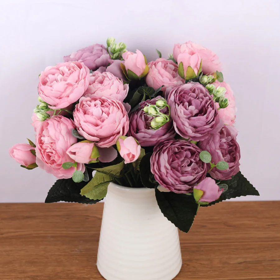 30cm Rose Rosa Seide Bouquet Pfingstrose Künstliche Blumen 5 Big Heads 4 Kleine Knospe Braut