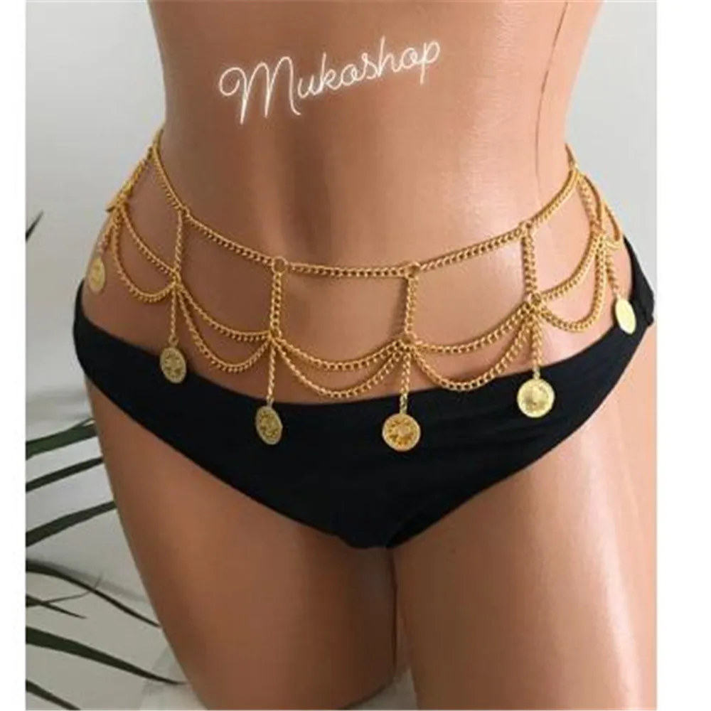 bls-miracle Boho Multi-level Gold Color Coin Pendant Waist Chain For Women Fashion Jewelry Belt Body