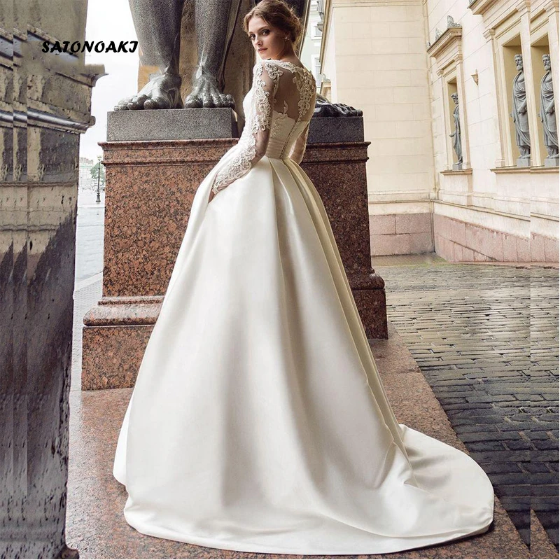 Maßgeschneiderte Boho-Spitze-Satin-A-Linie-Brautkleider für Frauen mit langen Ärmeln, Princesa-Brautkleider mit Taschen, Vestido