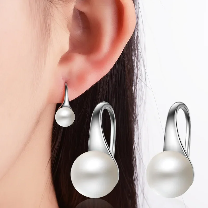 Elegante 925 zilveren naald grote heldere zoetwaterparel oorbellen ronde sterling parel oorbellen