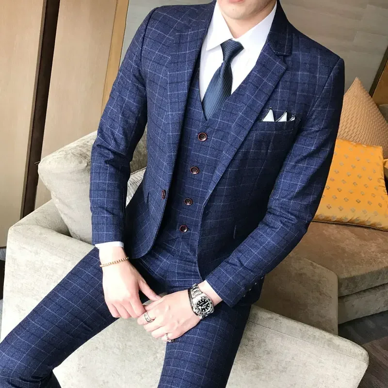 (Jacke + Weste + Hose) Herrenanzug, 3-teilig, modisch, Boutique, kariert, Hochzeit, Business, Freizeit, Herren-Blazer, Hochzeit,
