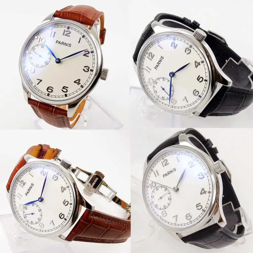 4 modelle PARNIS 44mm Mechanische Handaufzug herren Uhr Weißes Zifferblatt 6497 Bewegung Lederband