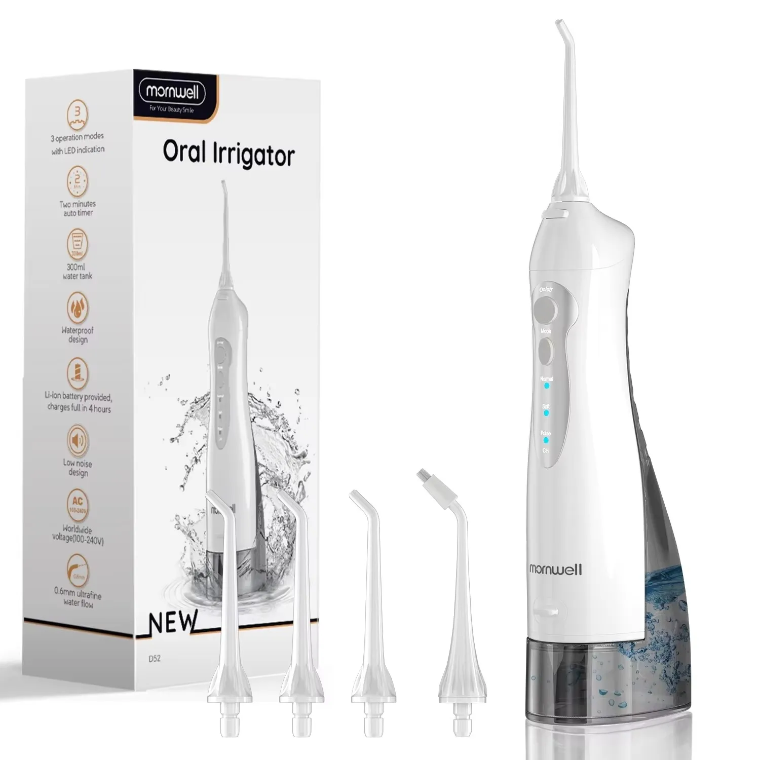 Wasser-Zahnseide, Zahnspieße, 4 Düsen, 3 Modi, tragbar, kabellos, D52-Wasserflosser für Zahnreiniger, IPX7 wasserdichte Mundspie