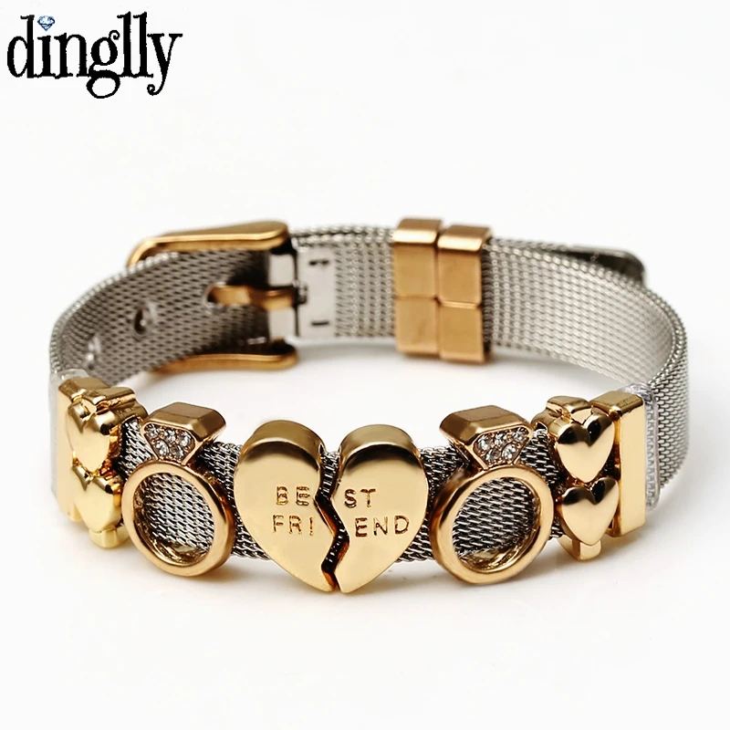 Dinglly Twee-Tone Rvs Mesh Armbanden Voor Vrouwen Mannen Gouden Liefde Hart Kralen 10Mm Lint Mesh
