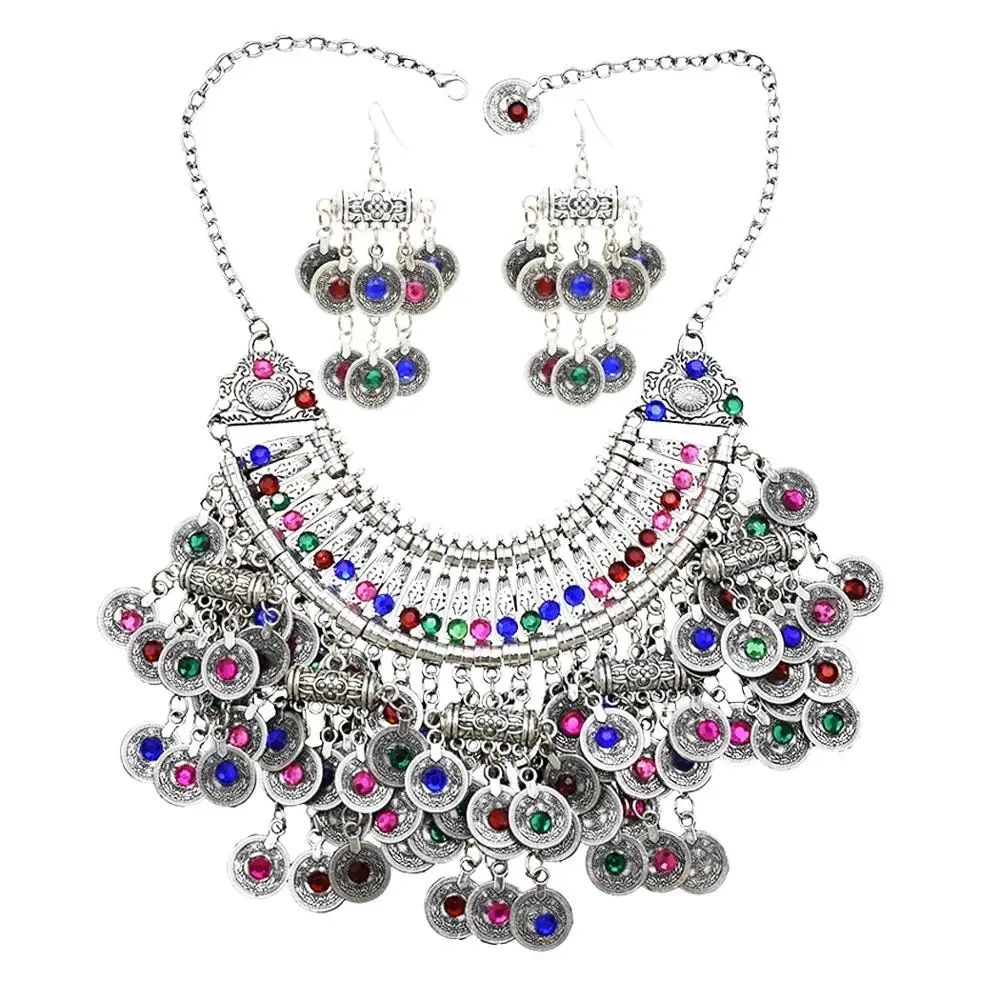 Kleur Crystal Coin Tassel Choker Ketting Oorbellen Voor Vrouwen Turkse Afghaanse Jurk Indiase