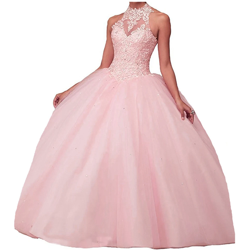 CharmingBridal Perlen Süße 16 Kleider Puffy Halter Neck Prom Graduation Ballkleid Quinceanera