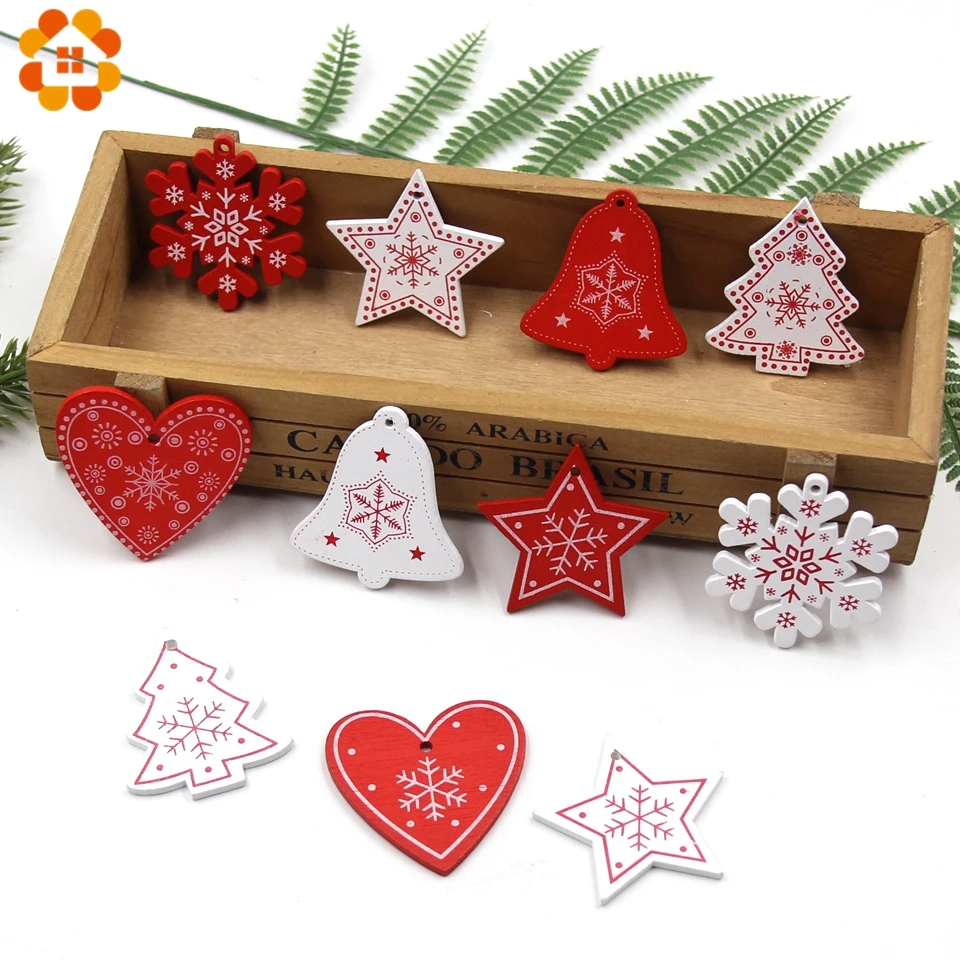12 Teile/los DIY Weiß & Rot Weihnachten Gedruckt Holz Anhänger Ornamente Für Kinder Weihnachten