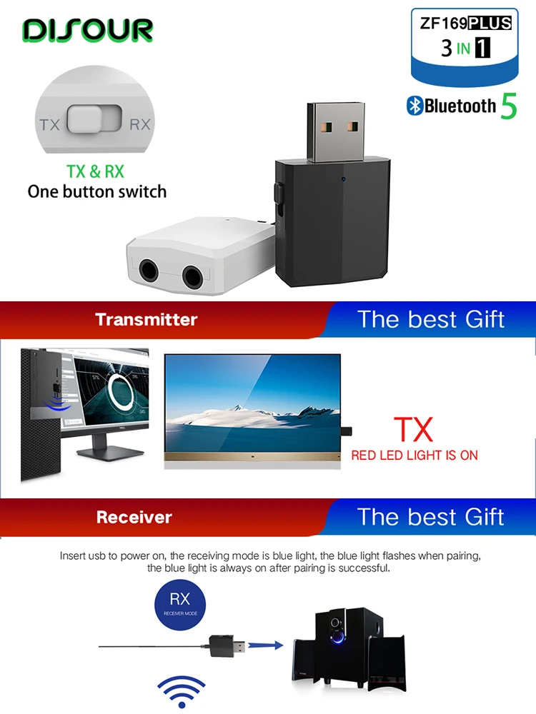 Disor 5,0 USB Bluetooth Sender Empfänger TV Mini 3 in 1 3,5mm Aux Hifi Stereo Audio Wireless Adapter
