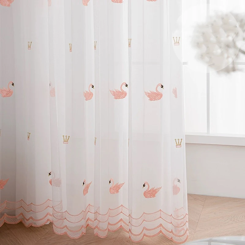 Rosa Schwan Design Cartoon bestickt Tüll Vorhang für Jungen Mädchen Schlafzimmer Luxus Kinder
