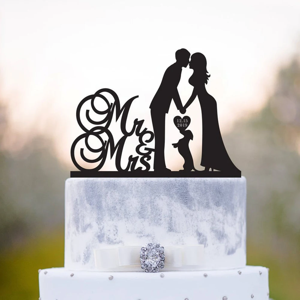 Benutzerdefinierte Mr & Mrs Name Hochzeit Kuchen Topper Mit Hund, Braut Und Bräutigam Silhouette,