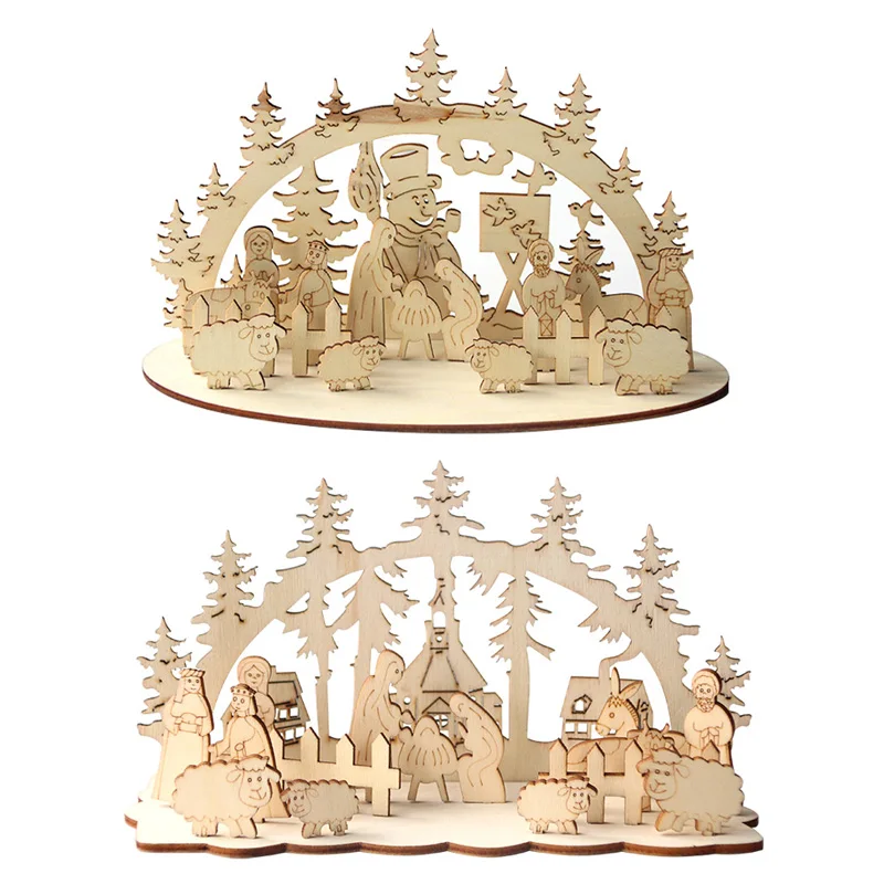 1set Weihnachten DIY Tisch Holz Ornament Schneemann Kirche 2023 Neue Jahr Weihnachten Dekorationen