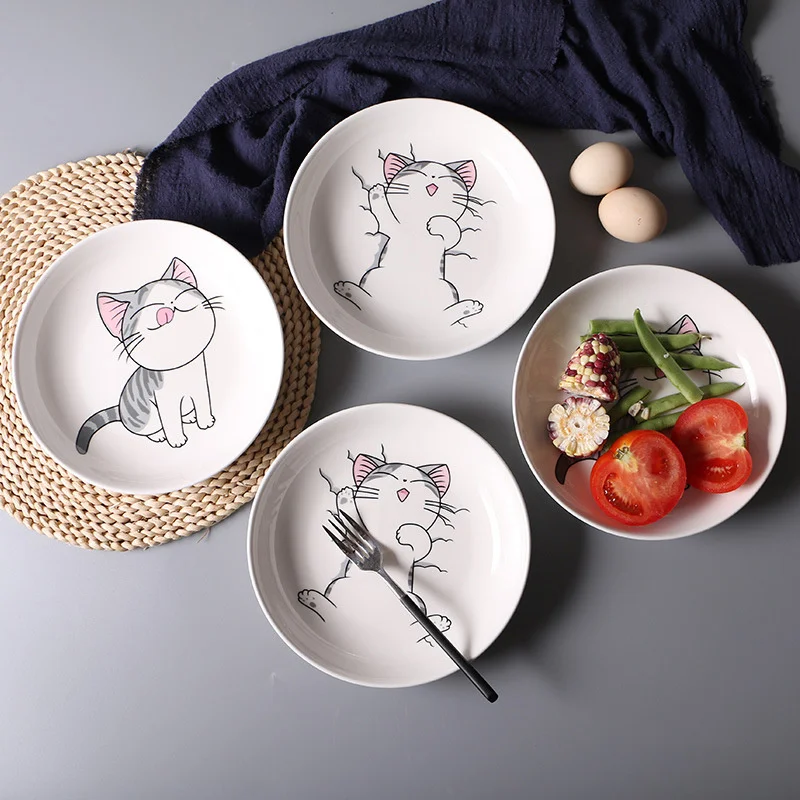 2 stücke Originalität Cartoon Katze Keramik Platte Kinder Geschirr Obst Disc Steak Teller Frühstück