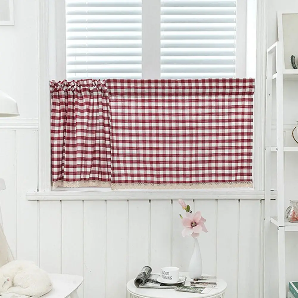 1Pc Küche Plaid Muster Kurzen Vorhang Spitze Volant Durch Stange Drapieren Hause Fenster Decor