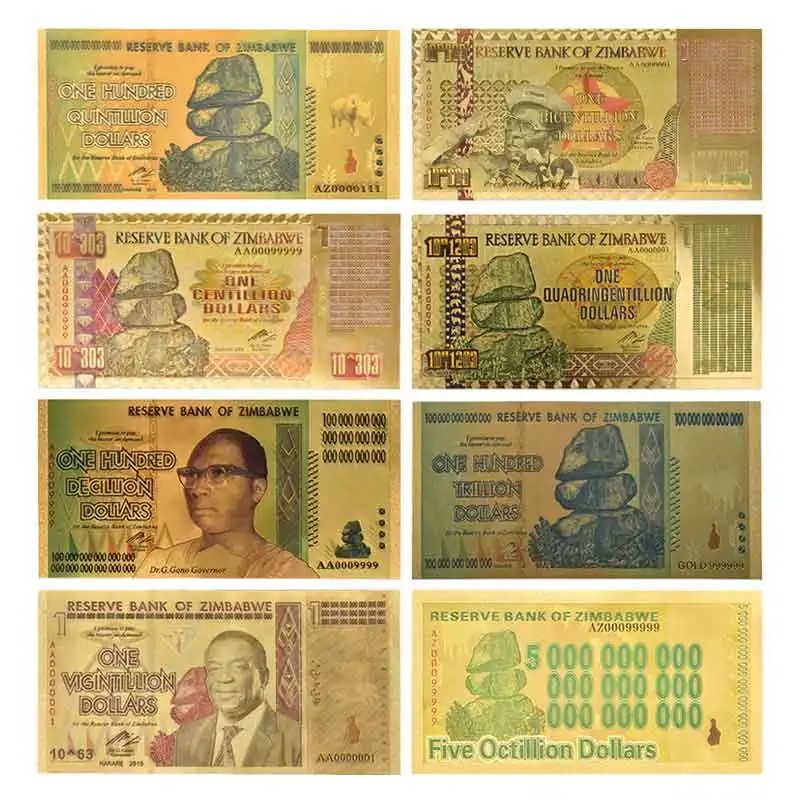 Simbabwe $ Z 100 Trillion/100 Quintrillion/5 Octillion/100 Decillion Dollar Goldfolie Banknote