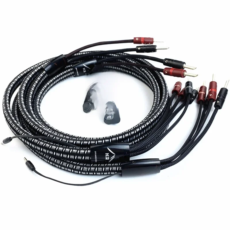 Ein Paar Audio-K2-Lautsprecherkabel mit BFA Silver Banana Y-Spaten-Stecker Speakon mit