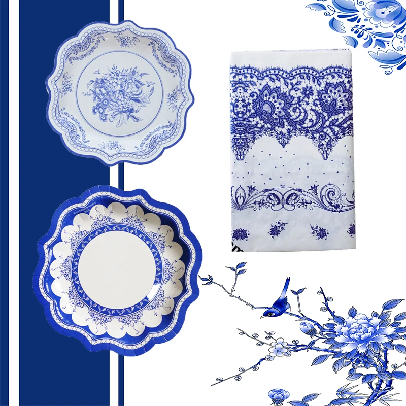 Chinesischen Stil Blau und Weiß Porzellan Papier Platten Fach Floral Party Picknick Hochzeit