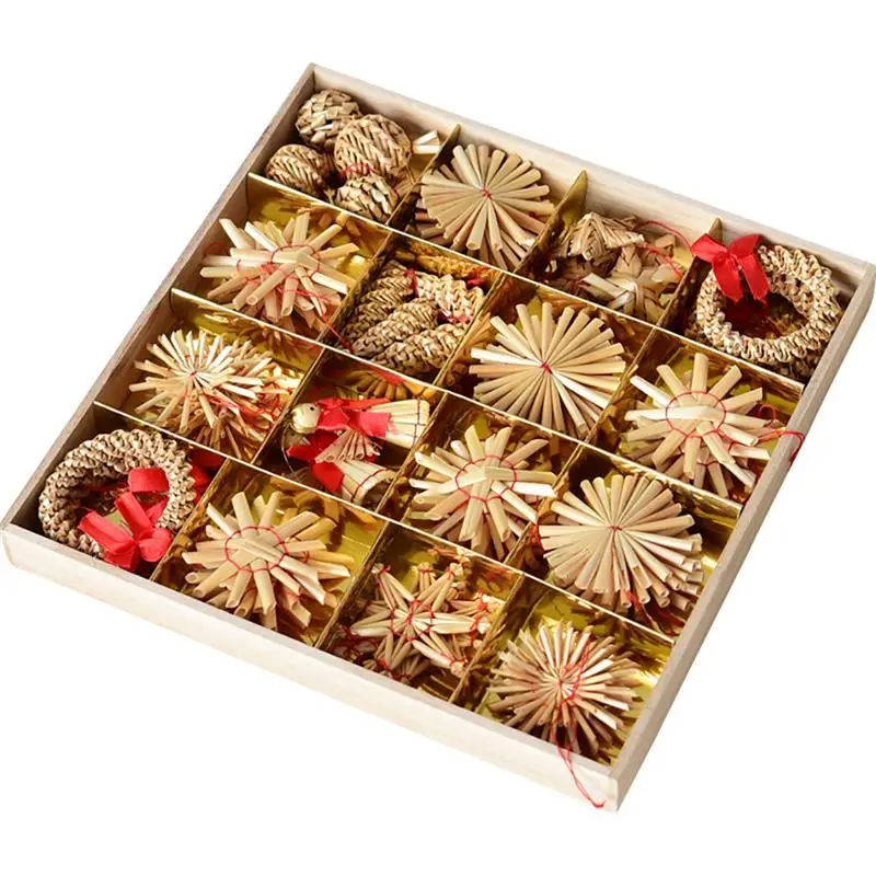 56PCS Weihnachten Baum Hängen Ornament Natürliche Weizen Stroh Handgemachte Mini Fünfzackigen Stern