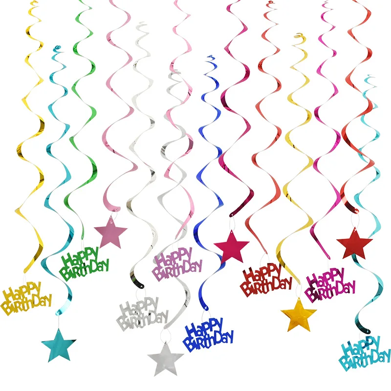 6pcs Happy Birthday Stern Spiral Anhänger Decke Hängen Girlande PVC Swirl Banner für Geburtstag