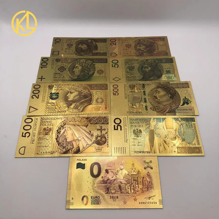 Farbige 24K Gold Gold Folie Geld Gold Folie Polnischen Banknote Set10 20 50 100 200 500 PLN für