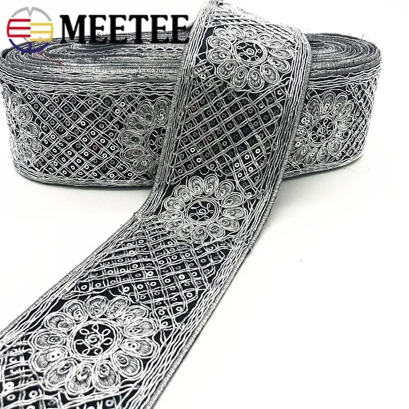 Ethnisches Silberfaden-Pailletten-Gurtband, Schuhe, Kleid, Dekor, bestickte Spitzenbesätze,