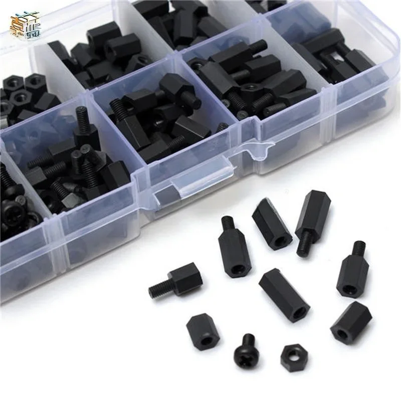 200Pcs/set M2 M2.5 M3 M4 Black/White Hex Nylon Standoff Spacer Column Flat Head Nylon Plastic