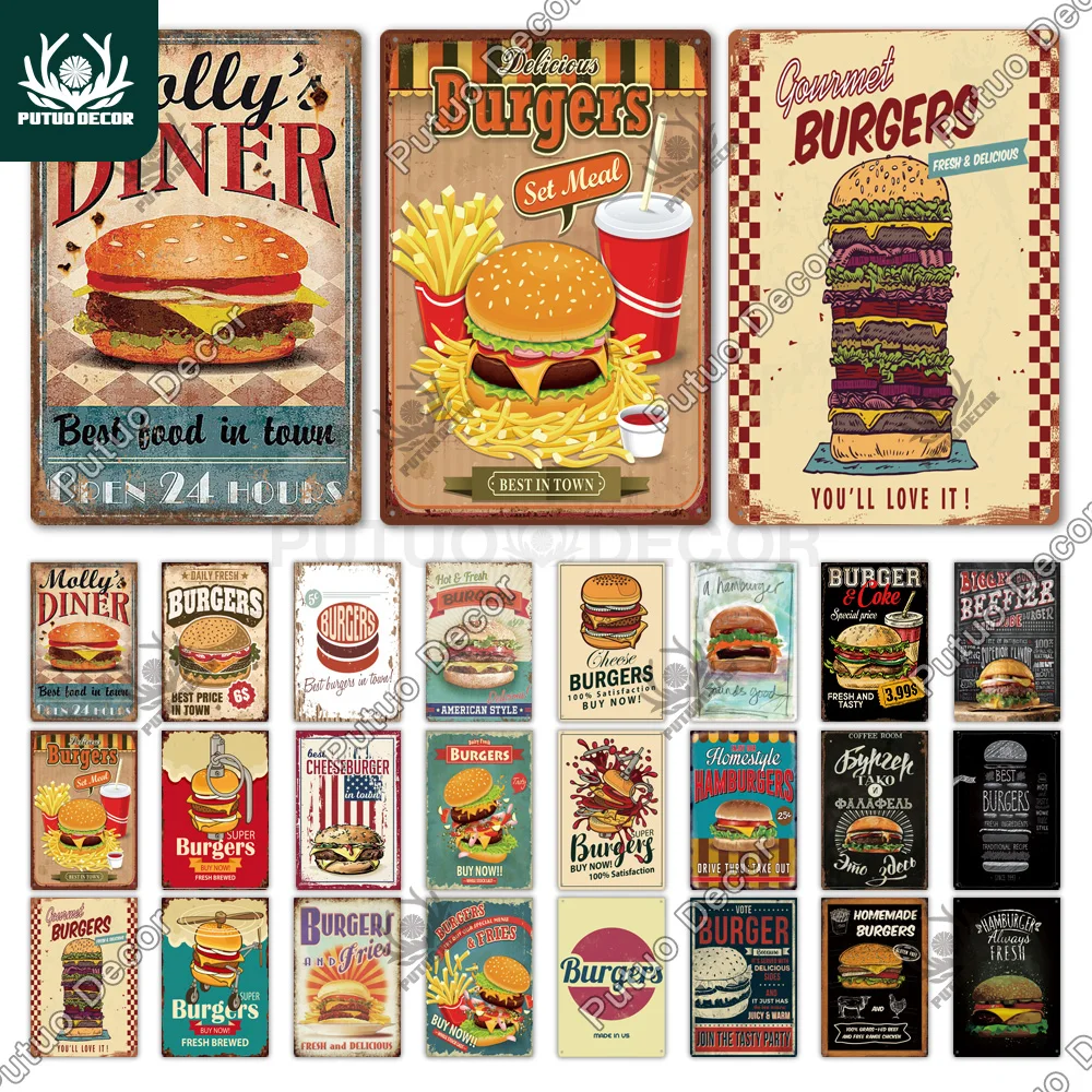 Putuo Dekor Hamburger Fast-Food-Plakette Metall Vintage Zinn Zeichen Restaurant Wand Poster für