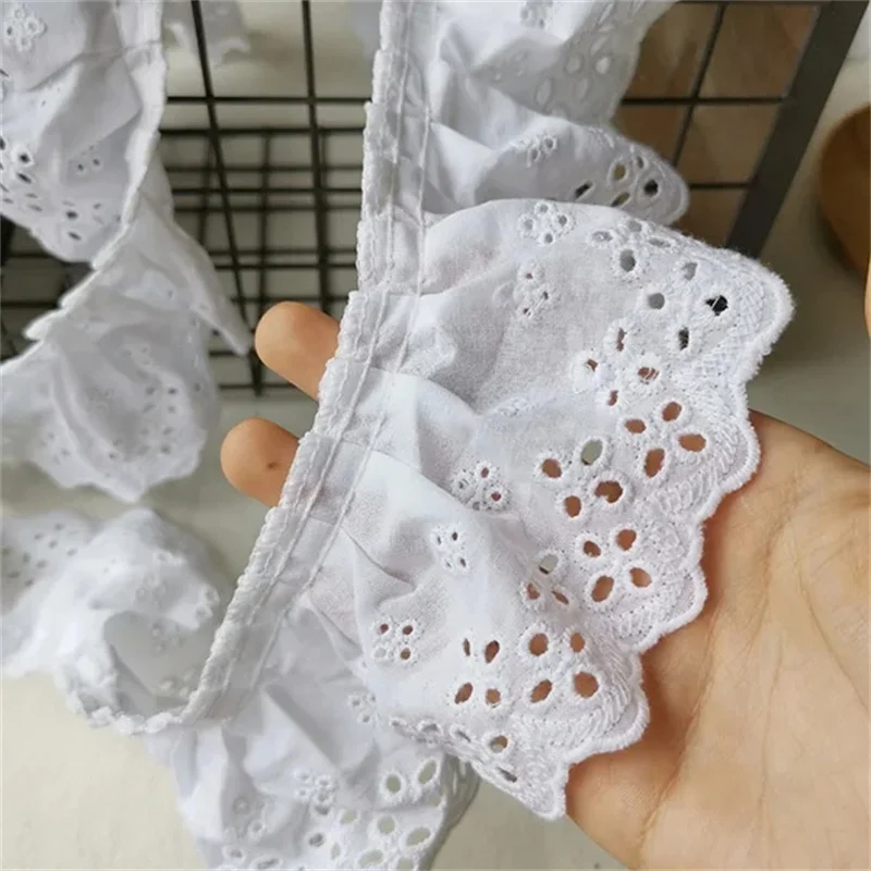 8CM Breit Weiß Baumwolle Spitze Gefaltetes Rüsche Trim Hohl Stickerei Guipure 3d Spitze Stoff Band