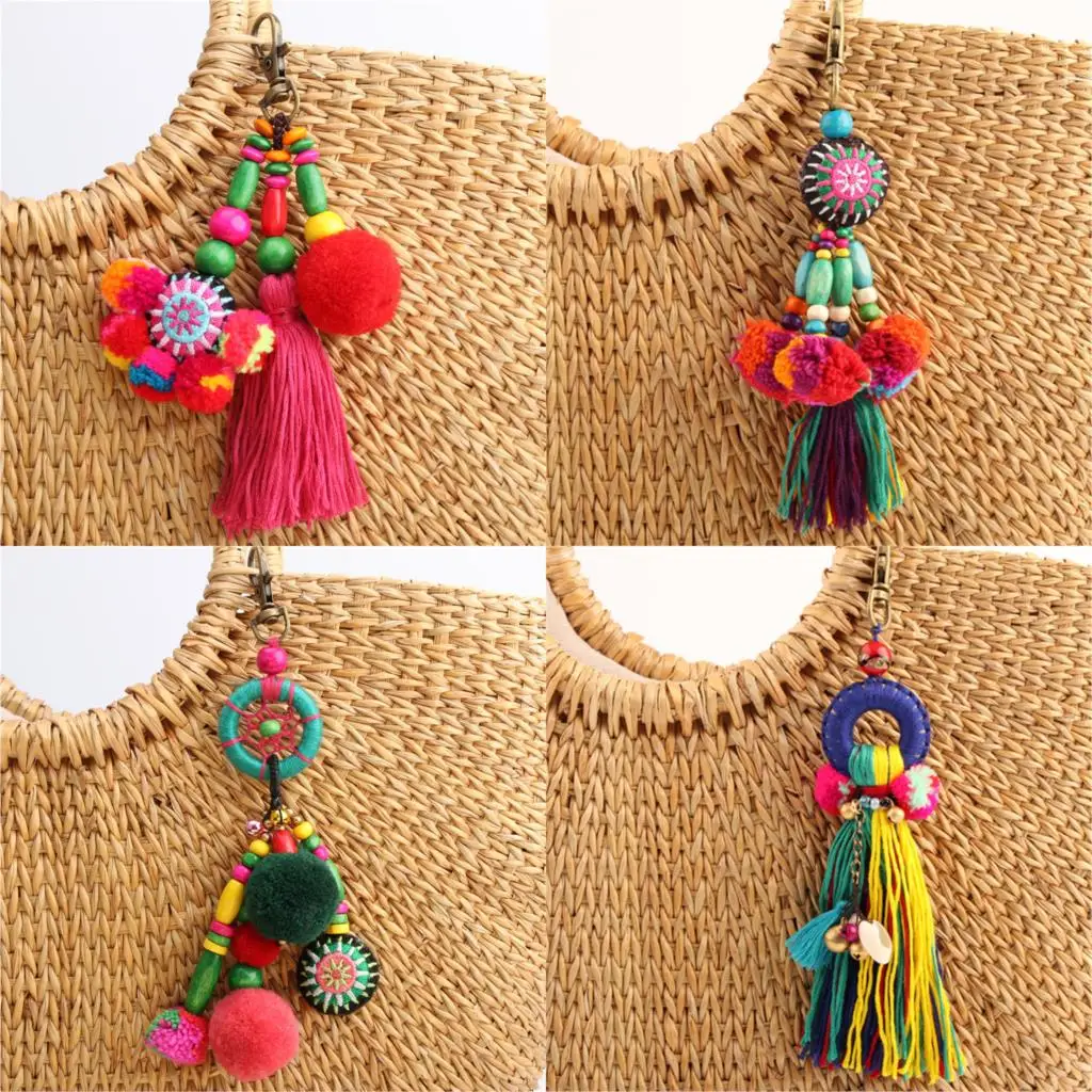 1pc bloembedels sleutelhangers houten kralen met pompom sleutelhanger kleurrijke sieraden boho stijl